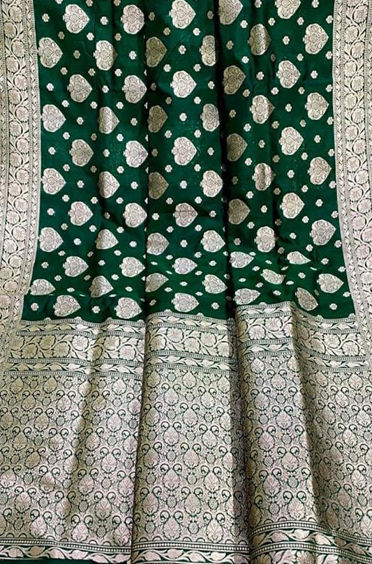 Green Handloom Banarasi Khaddi Pure Katan Silk Saree - Luxurion World