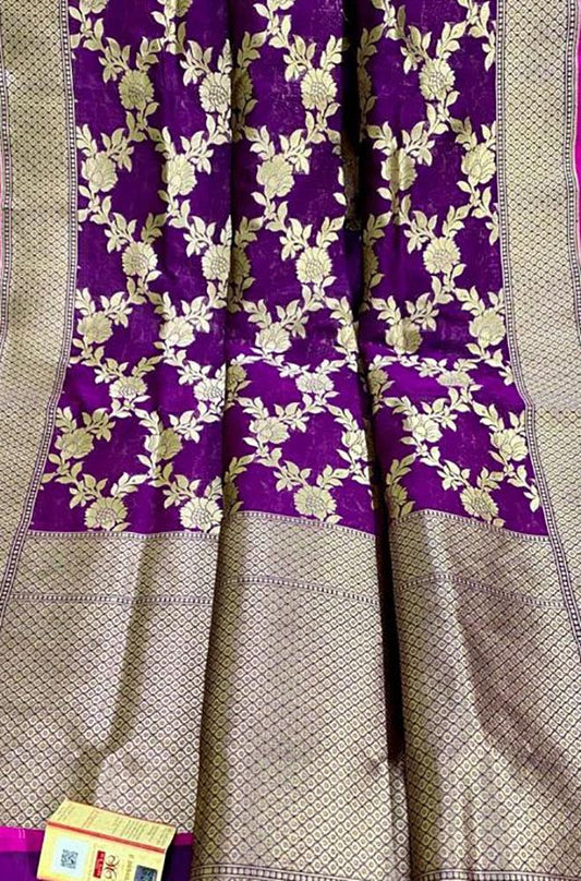 Purple Handloom Banarasi Khaddi Pure Katan Silk Saree - Luxurion World