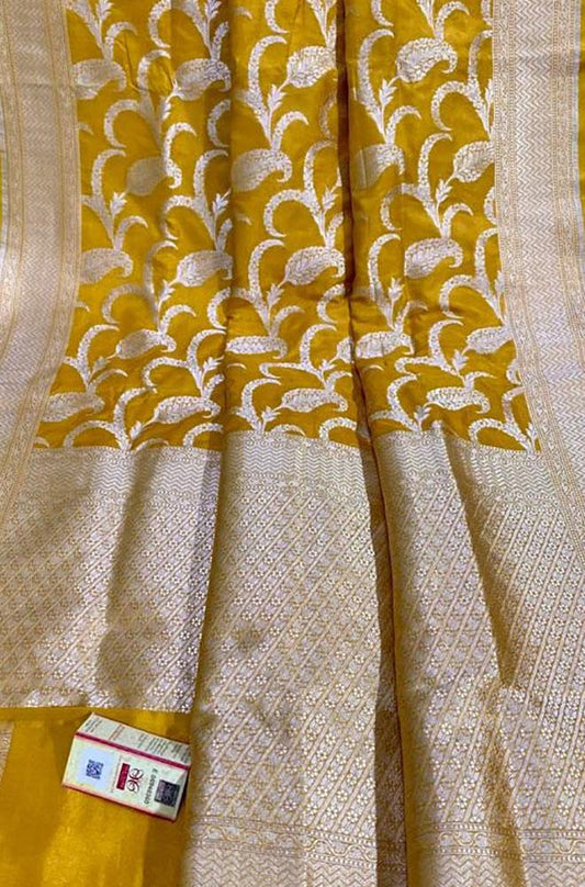 Yellow Handloom Banarasi Khaddi Pure Katan Silk Saree - Luxurion World