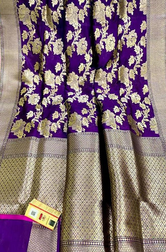 Purple Handloom Banarasi Khaddi Pure Katan Silk Saree - Luxurion World
