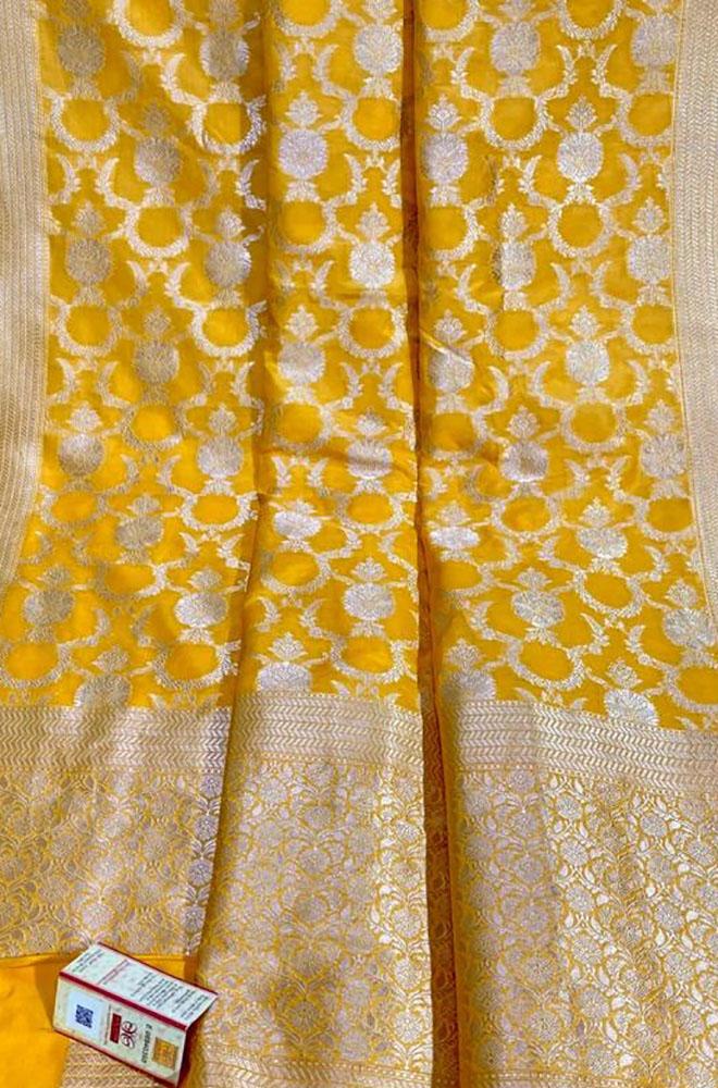 Yellow Handloom Banarasi Khaddi Pure Katan Silk Saree - Luxurion World
