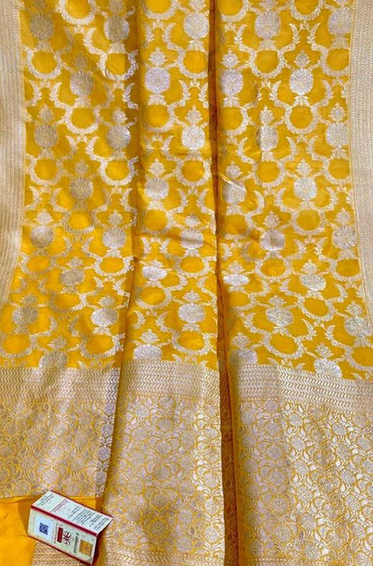 Yellow Handloom Banarasi Khaddi Pure Katan Silk Saree - Luxurion World