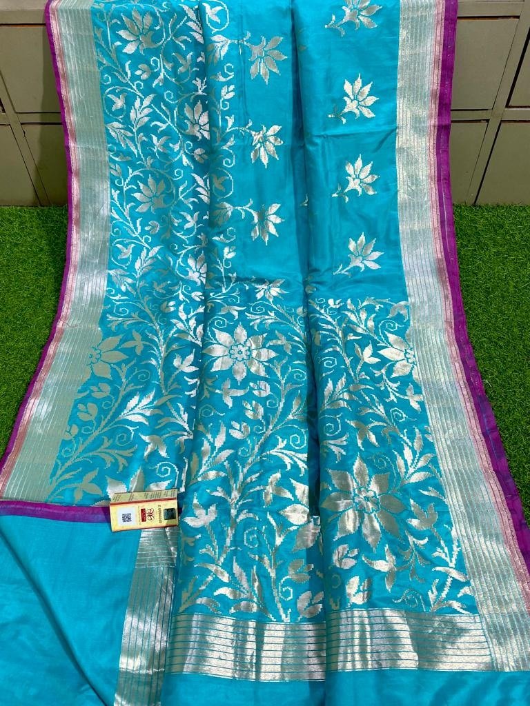Blue Handloom Banarasi Khaddi Pure Katan Silk Saree - Luxurion World