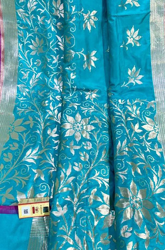 Blue Handloom Banarasi Khaddi Pure Katan Silk Saree - Luxurion World