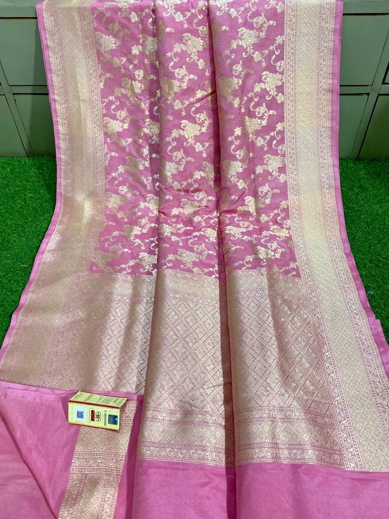 Pink Handloom Banarasi Khaddi Pure Katan Silk Saree - Luxurion World