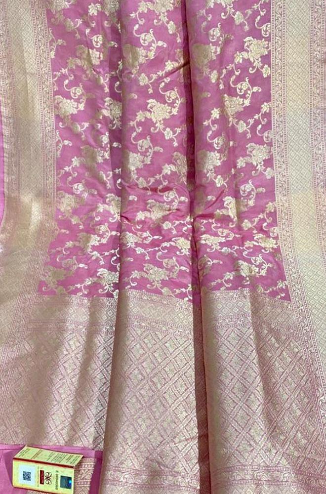 Pink Handloom Banarasi Khaddi Pure Katan Silk Saree - Luxurion World