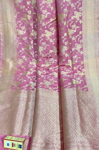 Pink Handloom Banarasi Khaddi Pure Katan Silk Saree - Luxurion World
