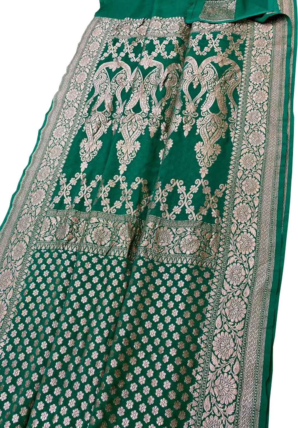 Green Banarasi Handloom Pure Georgette Chiffon Saree - Luxurion World