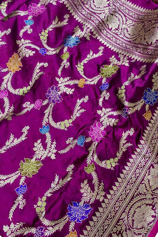 Purple Handloom Banarasi Meenakari Jaal Design Pure Katan Silk Kadwa Weaved Saree - Luxurion World