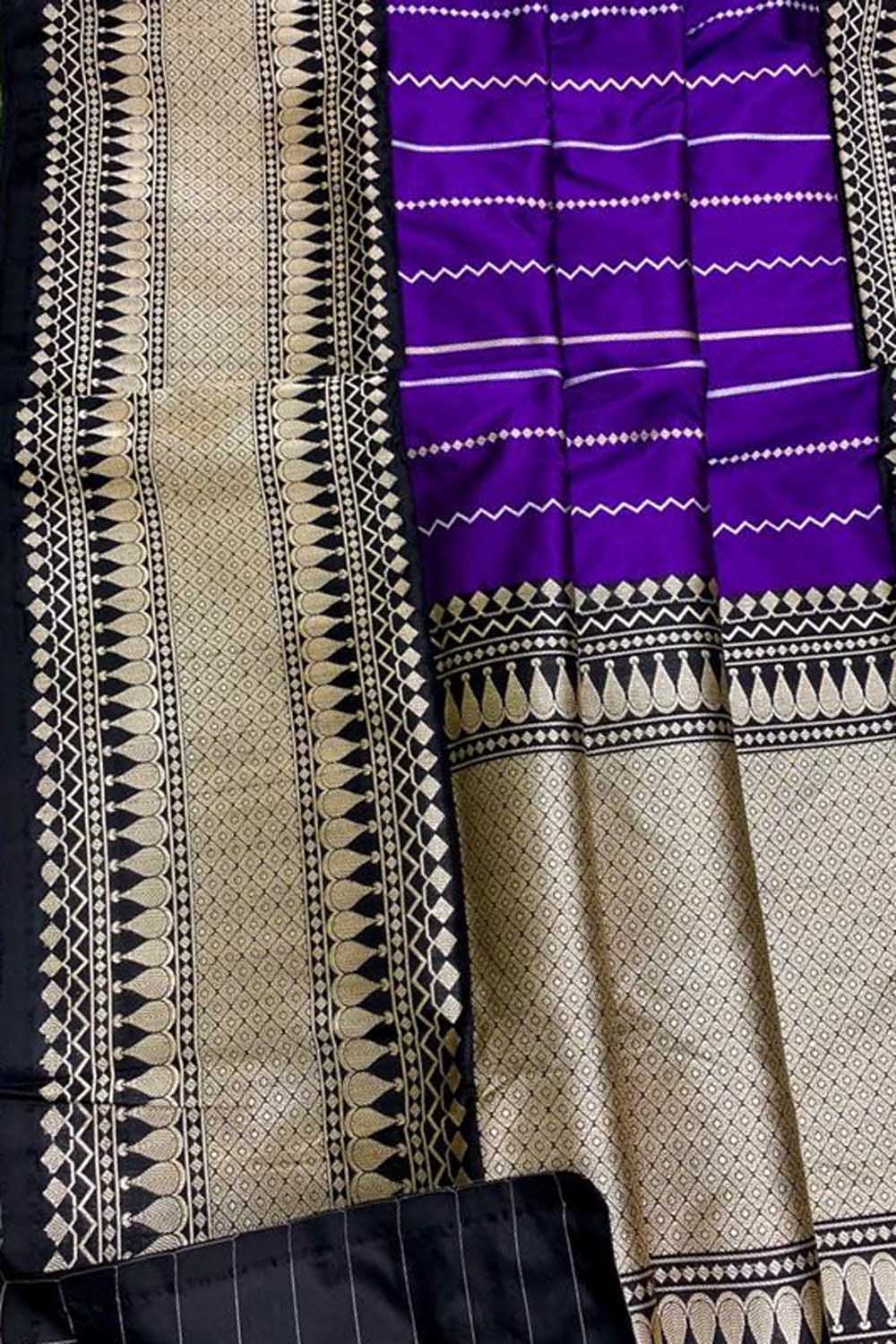Purple Handloom Banarasi Pure Katan Silk Stripe Design Saree - Luxurion World