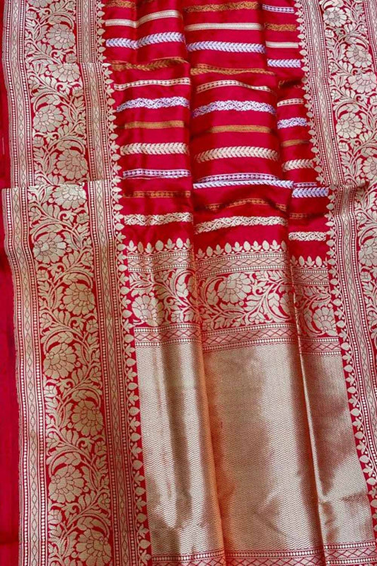 Red Handloom Banarasi Pure Katan Silk Stripe Design Saree