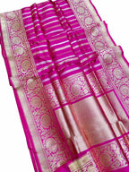 Pink Handloom Banarasi Pure Katan Silk Stripe Design Saree - Luxurion World
