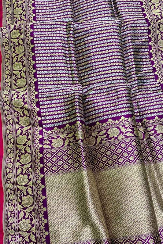 Purple Handloom Banarasi Pure Katan Silk Stripe Design Saree - Luxurion World