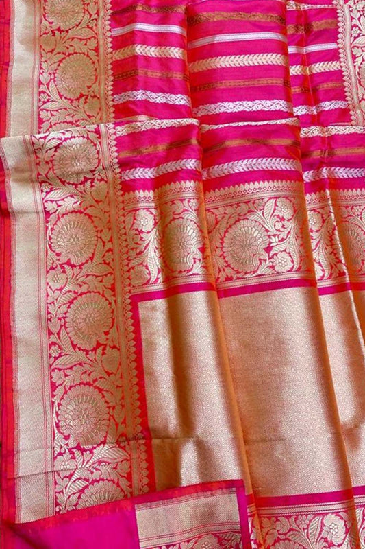 Pink Handloom Banarasi Pure Katan Silk Stripe Design Saree - Luxurion World