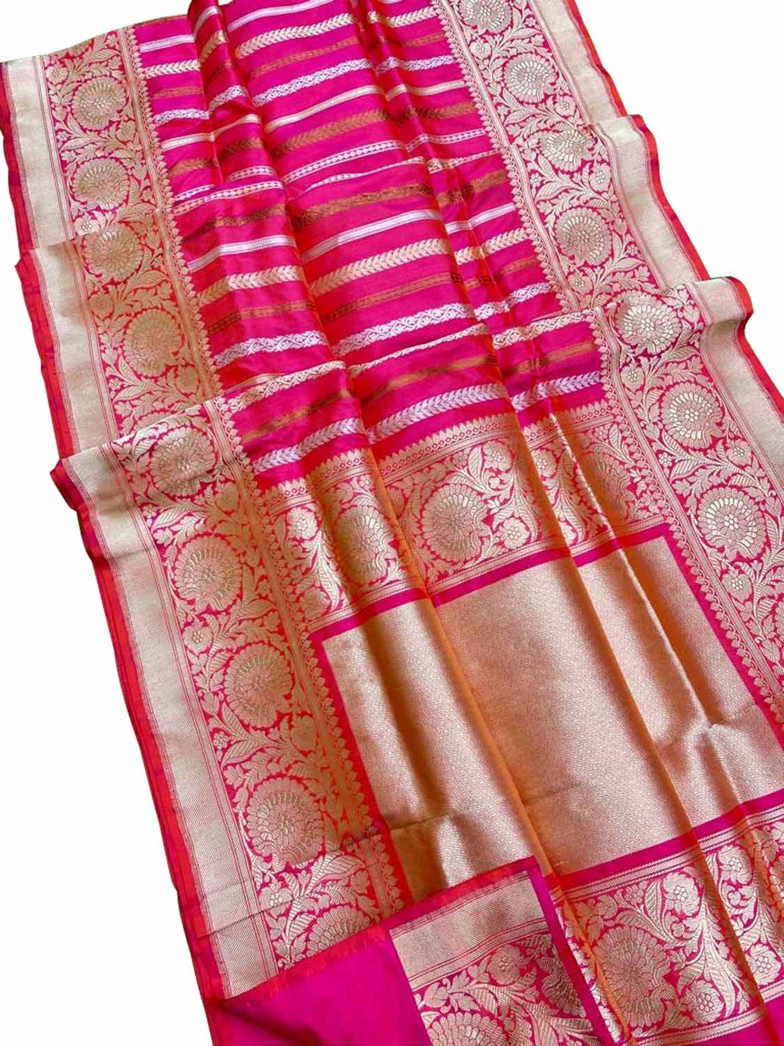 Pink Handloom Banarasi Pure Katan Silk Stripe Design Saree - Luxurion World