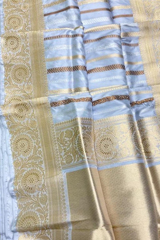 Pastel Handloom Banarasi Pure Katan Silk Stripe Design Saree - Luxurion World