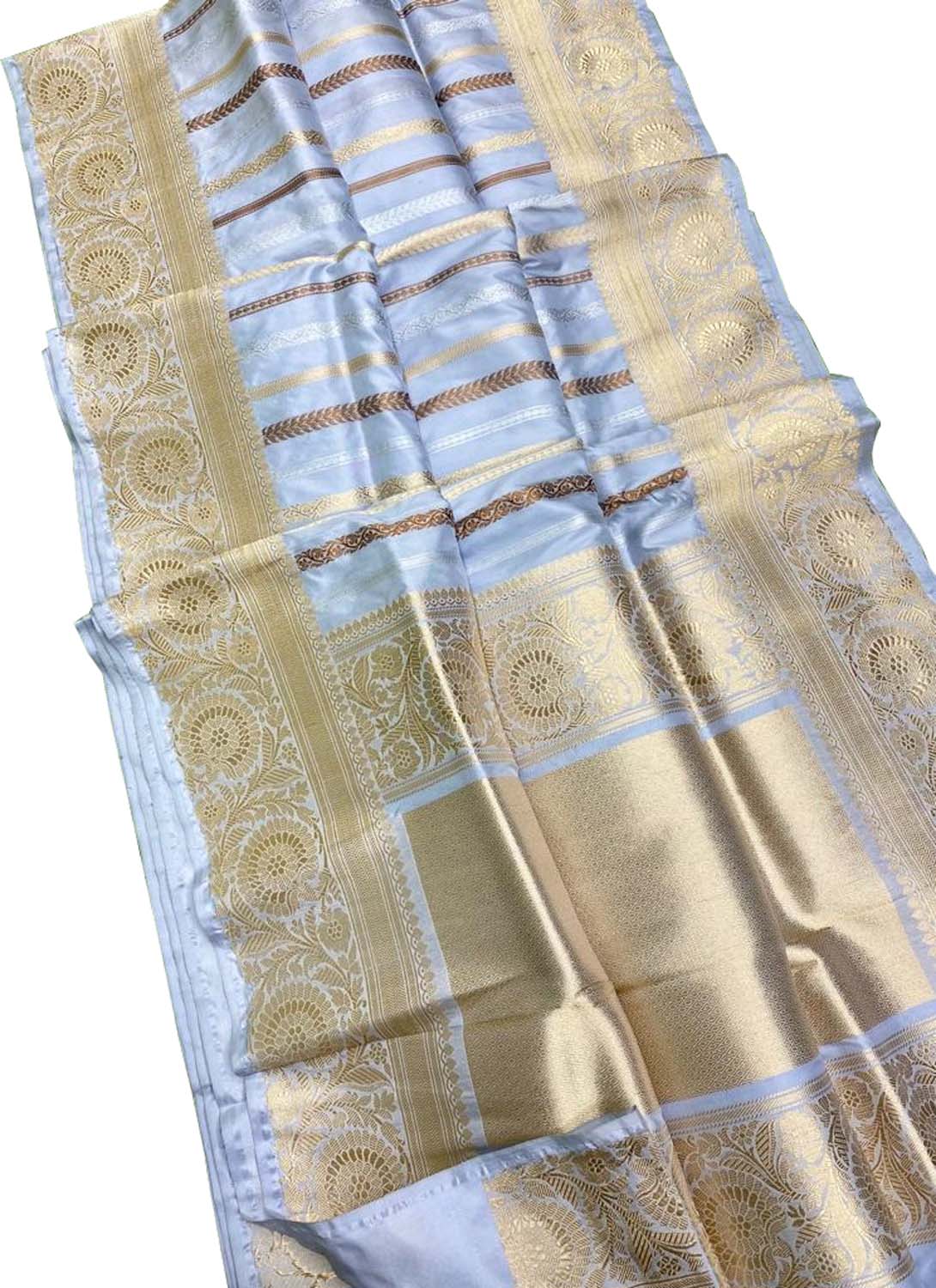 Pastel Handloom Banarasi Pure Katan Silk Stripe Design Saree - Luxurion World