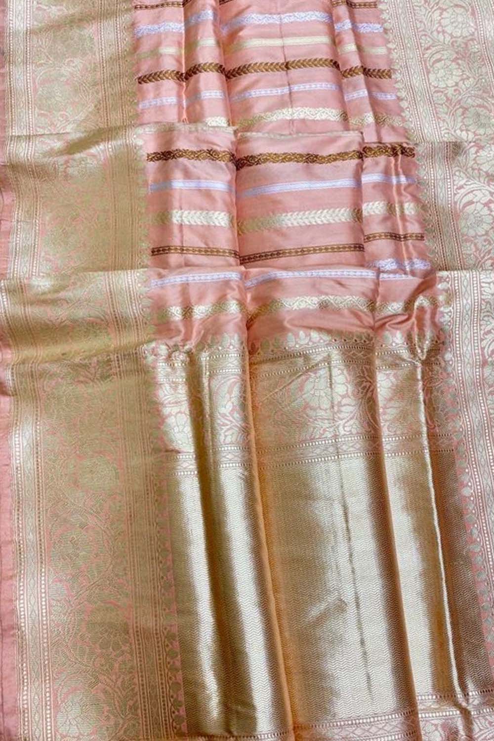 Pink Handloom Banarasi Pure Katan Silk Stripe Design Saree - Luxurion World