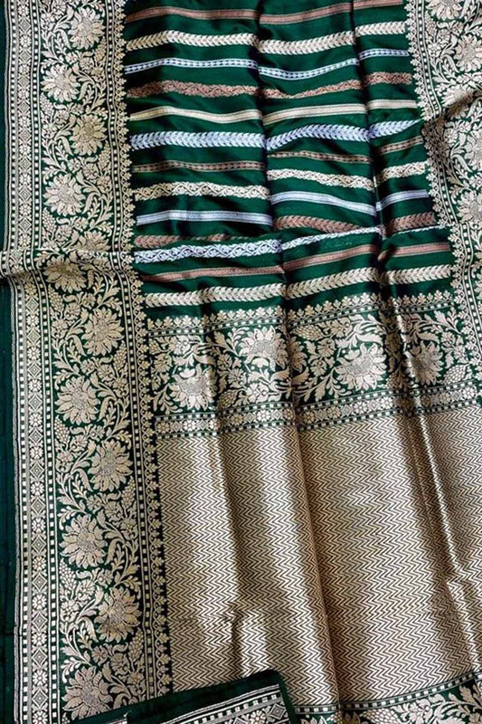 Green Handloom Banarasi Pure Katan Silk Stripe Design Saree - Luxurion World