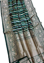 Green Handloom Banarasi Pure Katan Silk Stripe Design Saree - Luxurion World