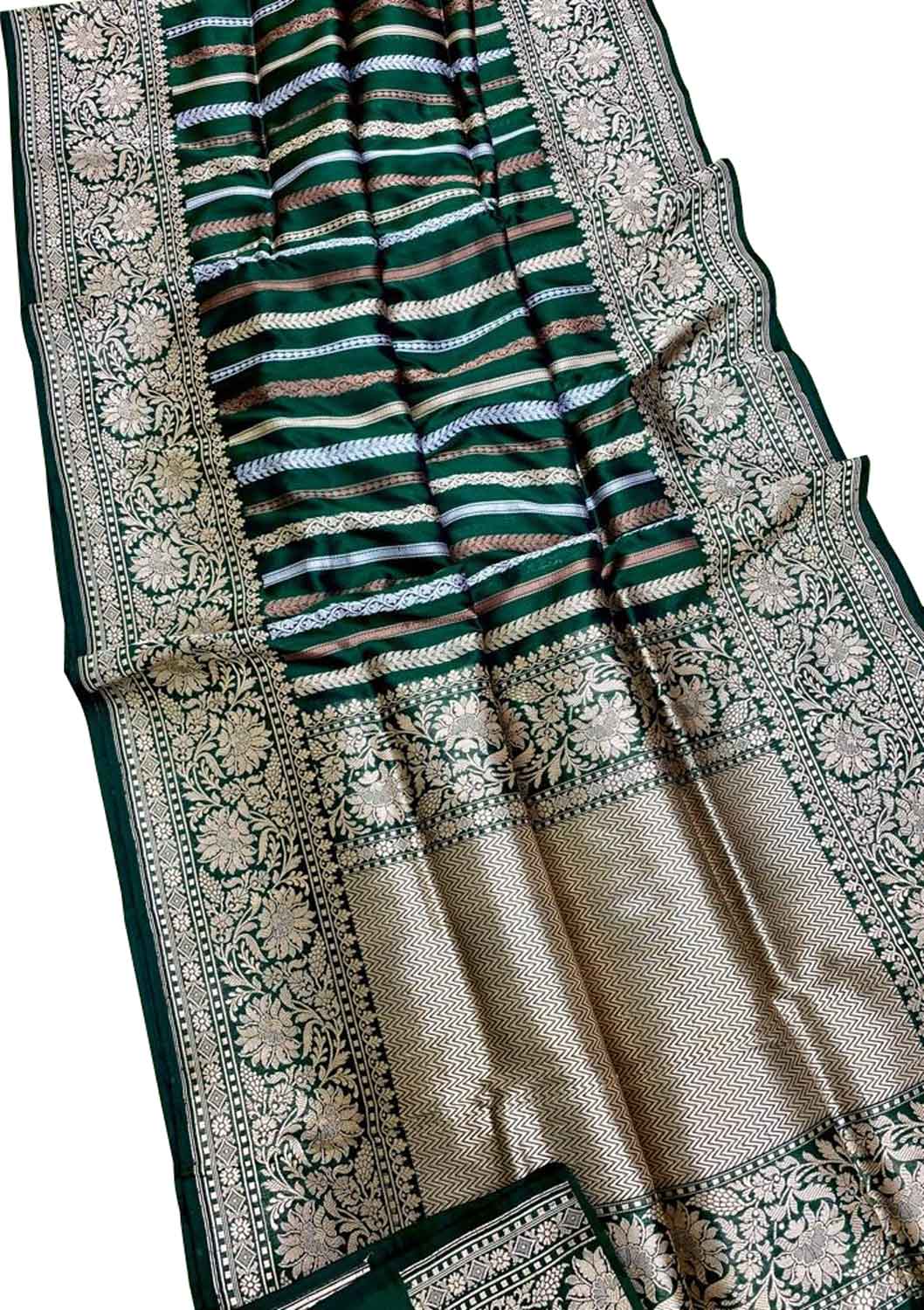 Green Handloom Banarasi Pure Katan Silk Stripe Design Saree - Luxurion World