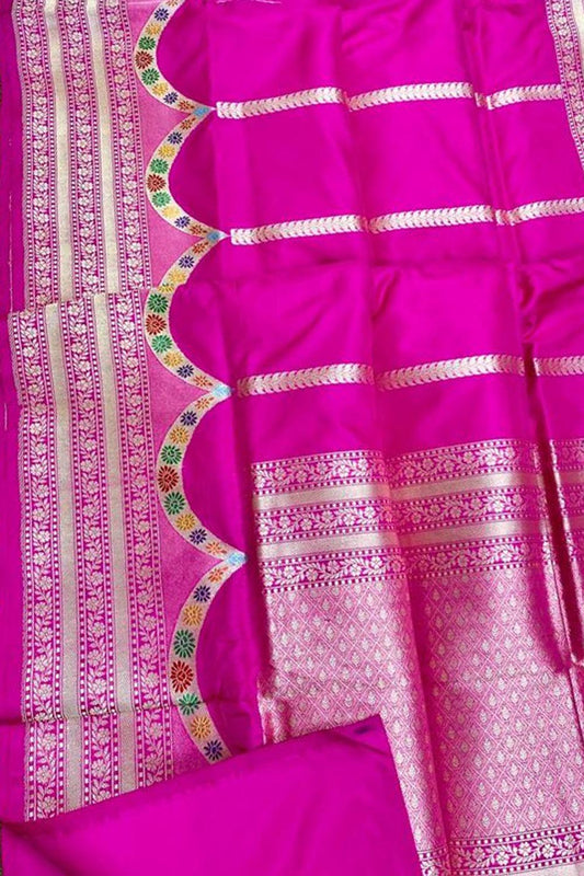 Pink Handloom Banarasi Pure Katan Silk Stripe Design Saree - Luxurion World