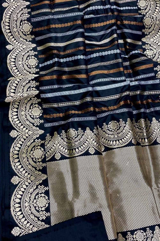 Black Handloom Banarasi Pure Katan Silk Stripe Design Saree