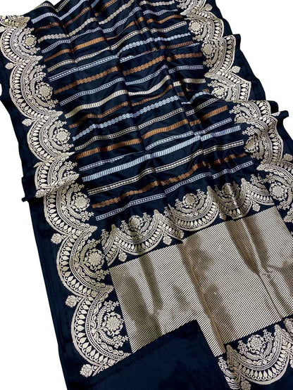 Black Handloom Banarasi Pure Katan Silk Stripe Design Saree - Luxurion World