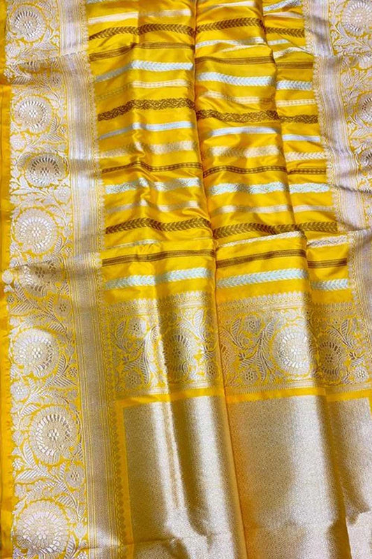Yellow Handloom Banarasi Pure Katan Silk Stripe Design Saree - Luxurion World