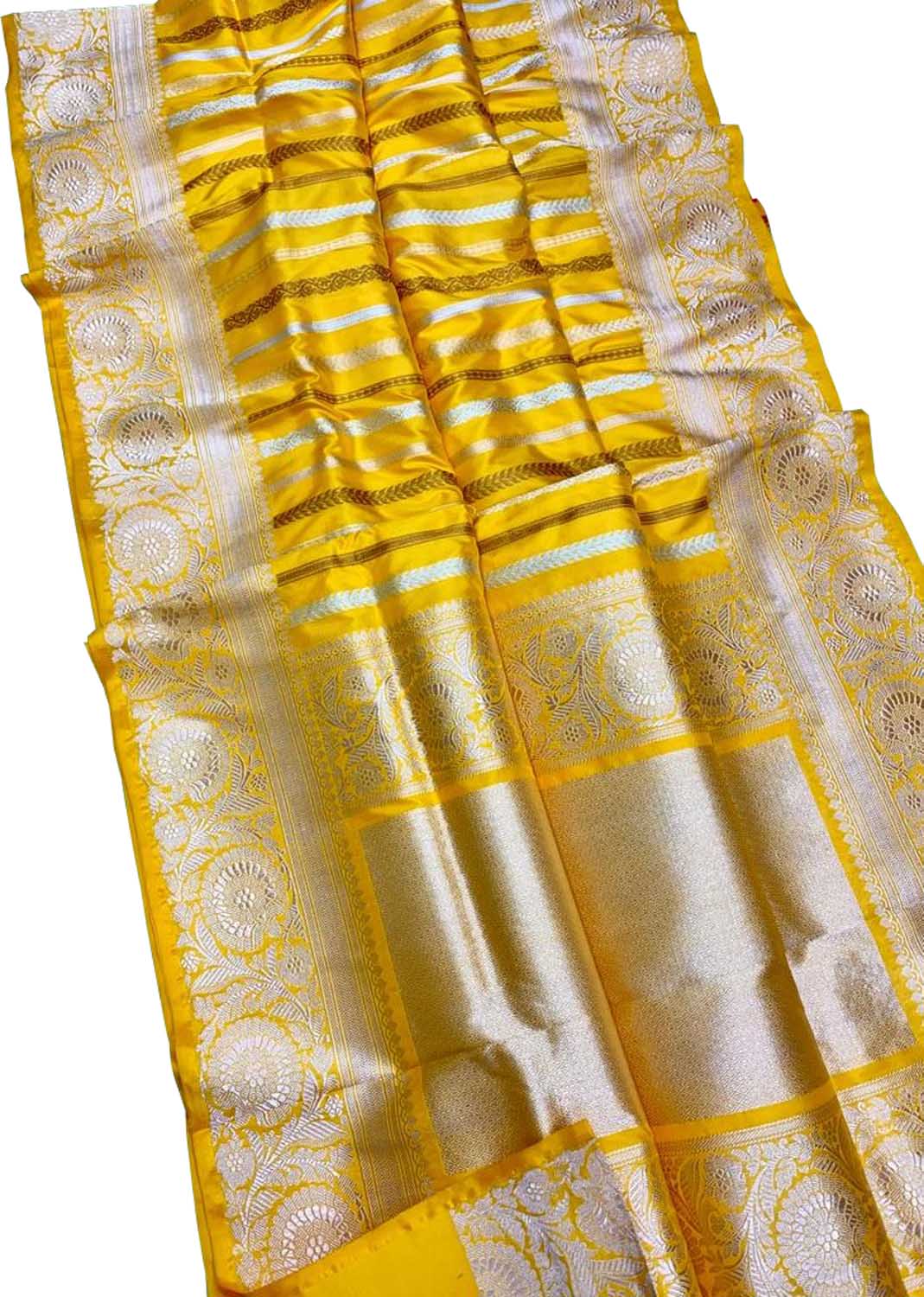 Yellow Handloom Banarasi Pure Katan Silk Stripe Design Saree