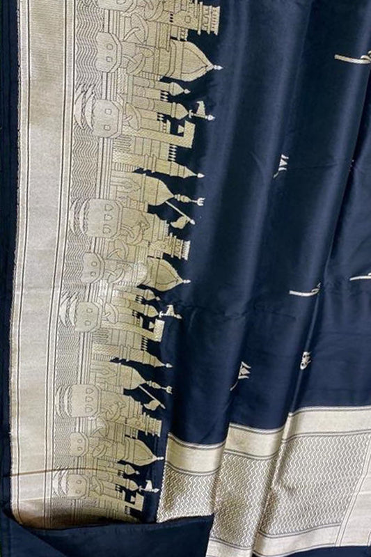 Black Banarasi Handloom Pure Katan Silk Saree - Luxurion World
