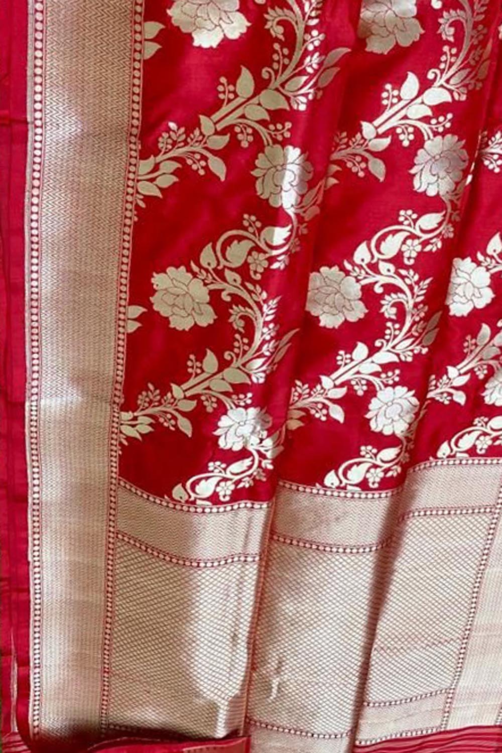 Red Banarasi Handloom Pure Katan Silk Saree - Luxurion World