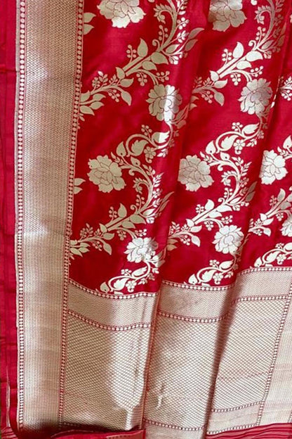 Red Banarasi Handloom Pure Katan Silk Saree - Luxurion World