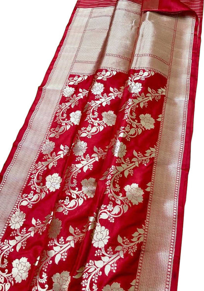 Red Banarasi Handloom Pure Katan Silk Saree - Luxurion World