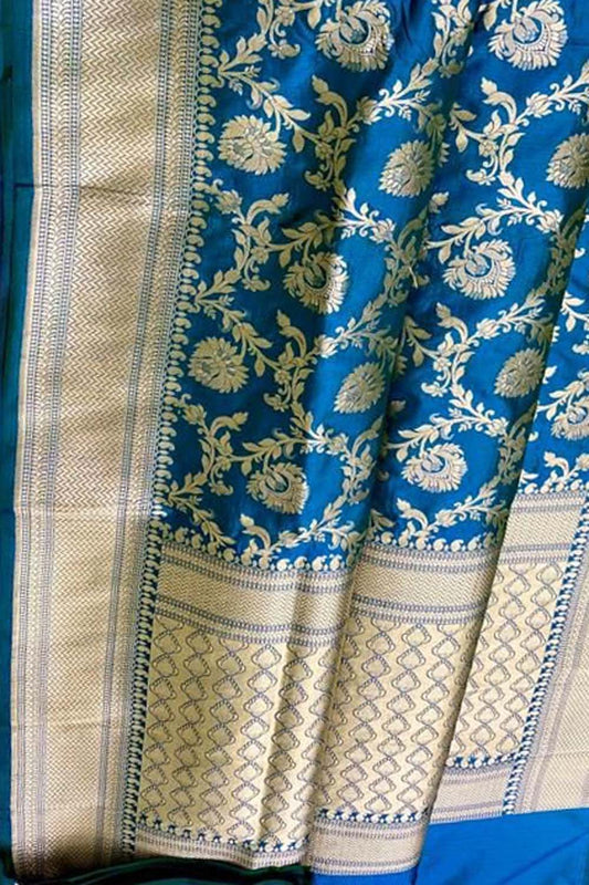 Blue Banarasi Handloom Pure Katan Silk Saree - Luxurion World