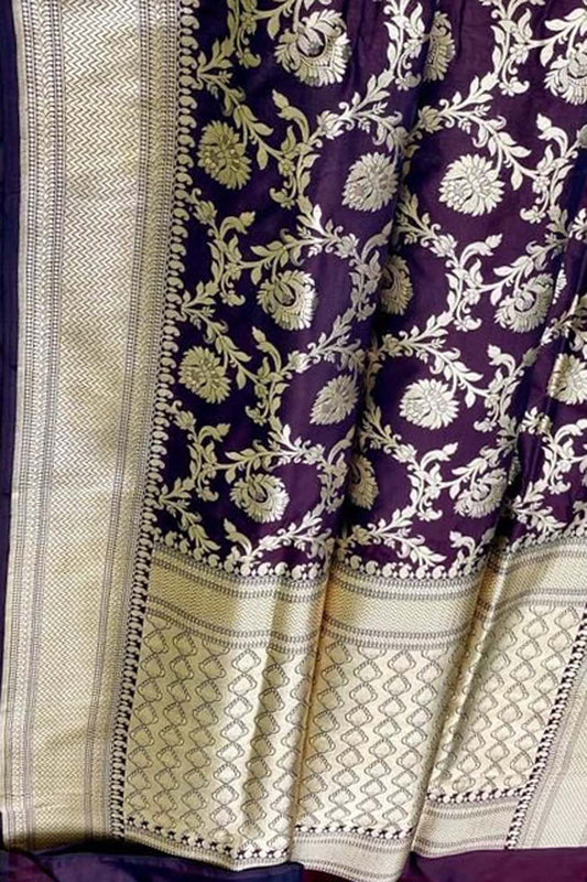 Purple Banarasi Handloom Pure Katan Silk Saree - Luxurion World