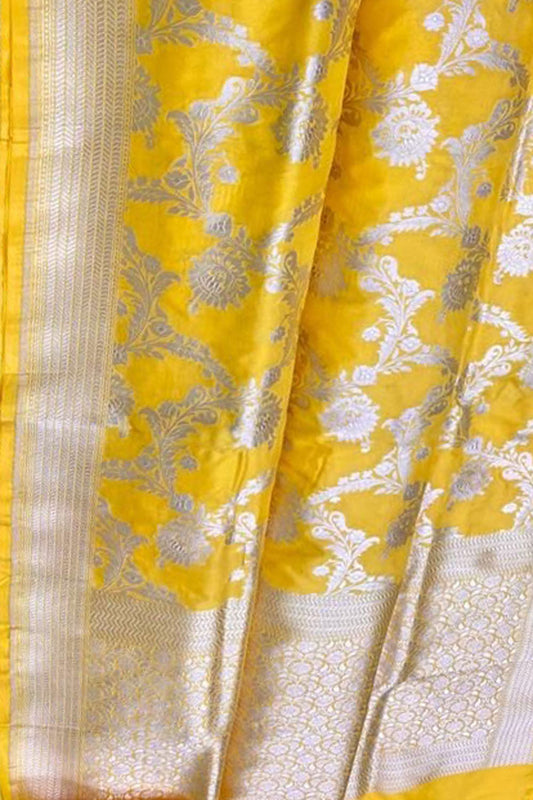 Yellow Banarasi Handloom Pure Katan Silk Saree - Luxurion World
