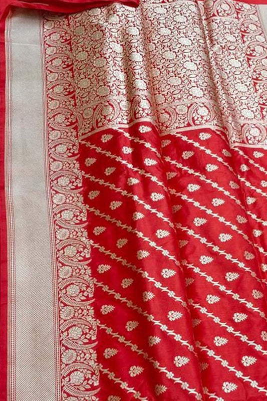 Red Banarasi Handloom Pure Katan Silk Saree - Luxurion World