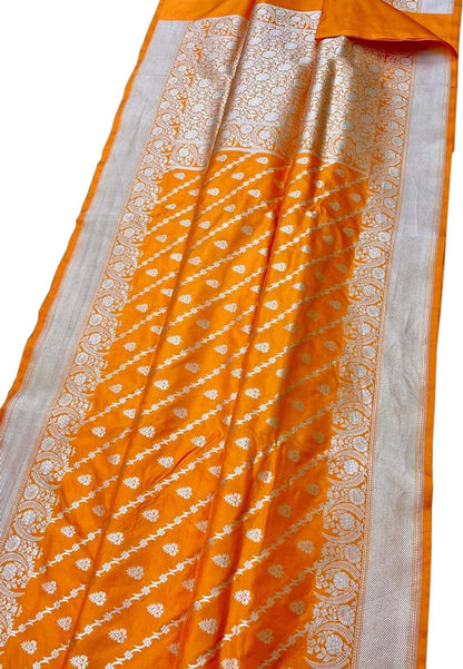 Orange Banarasi Handloom Pure Katan Silk Saree - Luxurion World
