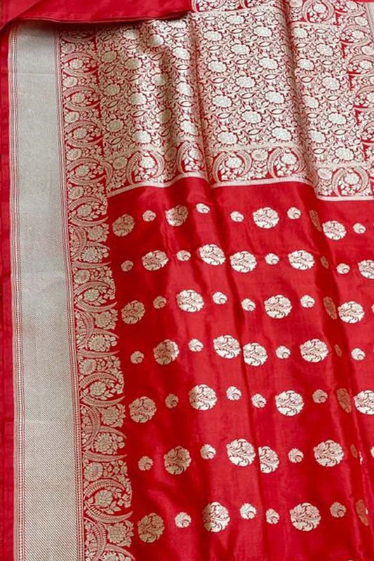 Red Banarasi Handloom Pure Katan Silk Saree - Luxurion World