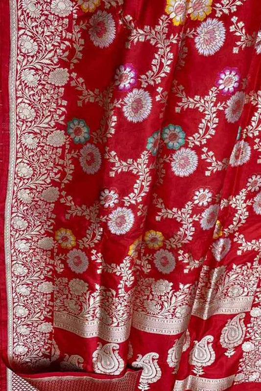Red Banarasi Handloom Pure Katan Silk Meenakari Saree - Luxurion World