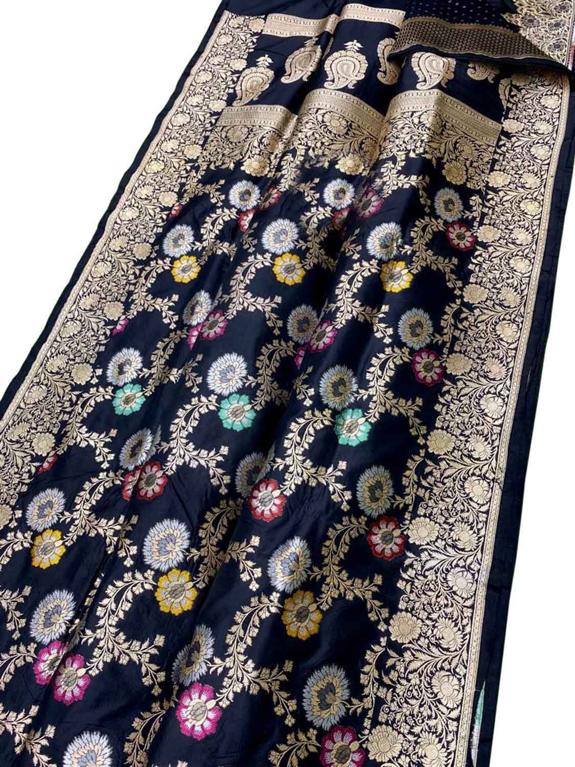 Black Banarasi Handloom Pure Katan Silk Meenakari Saree - Luxurion World