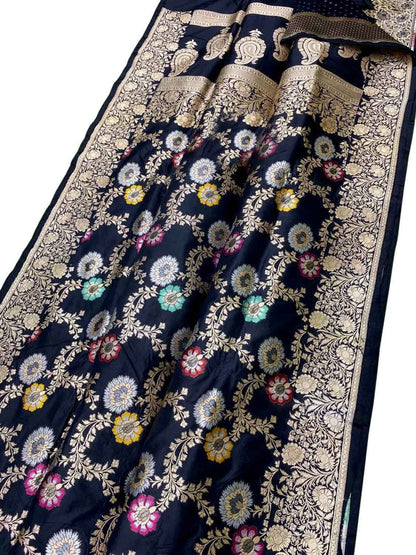Black Banarasi Handloom Pure Katan Silk Meenakari Saree - Luxurion World