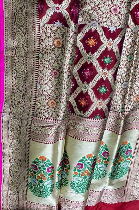 Maroon Banarasi Handloom Pure Katan Silk Meenakari Saree - Luxurion World