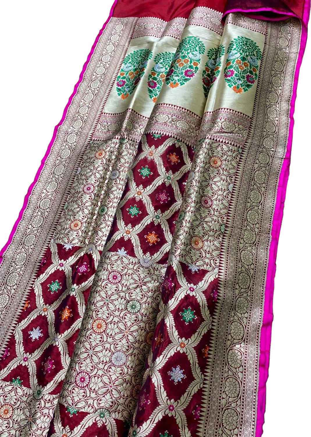 Maroon Banarasi Handloom Pure Katan Silk Meenakari Saree - Luxurion World