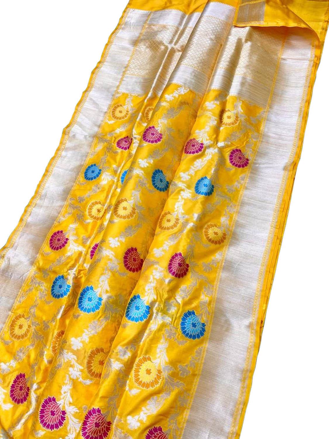 Yellow Banarasi Handloom Pure Katan Silk Meenakari Saree - Luxurion World