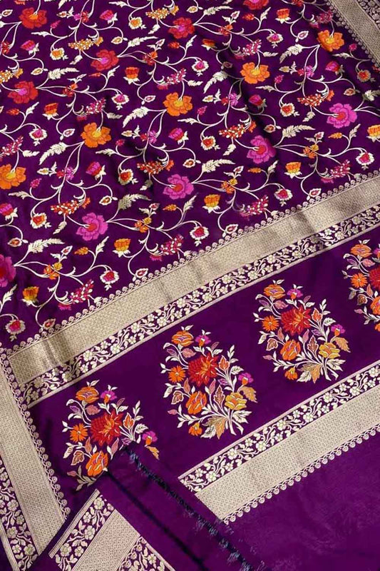 Purple Banarasi Handloom Pure Katan Silk Meenakari Saree - Luxurion World