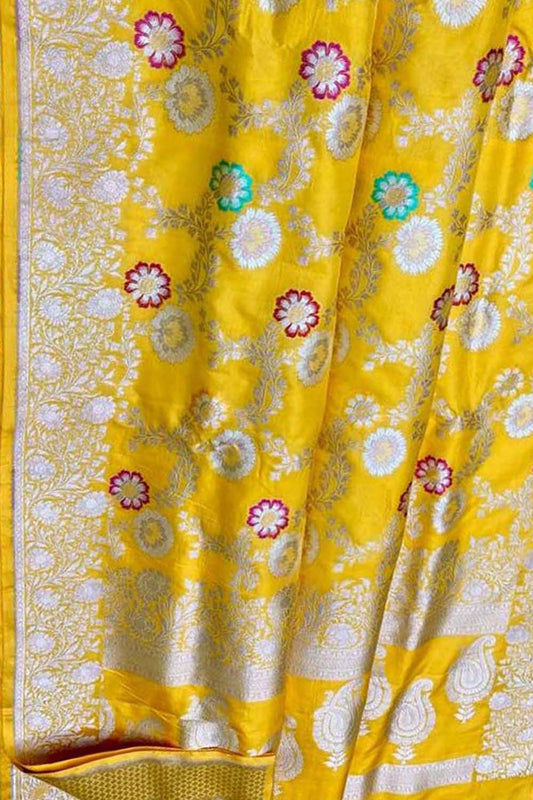 Yellow Banarasi Handloom Pure Katan Silk Meenakari Saree - Luxurion World