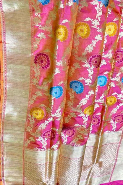 Pink Banarasi Handloom Pure Katan Silk Meenakari Saree - Luxurion World