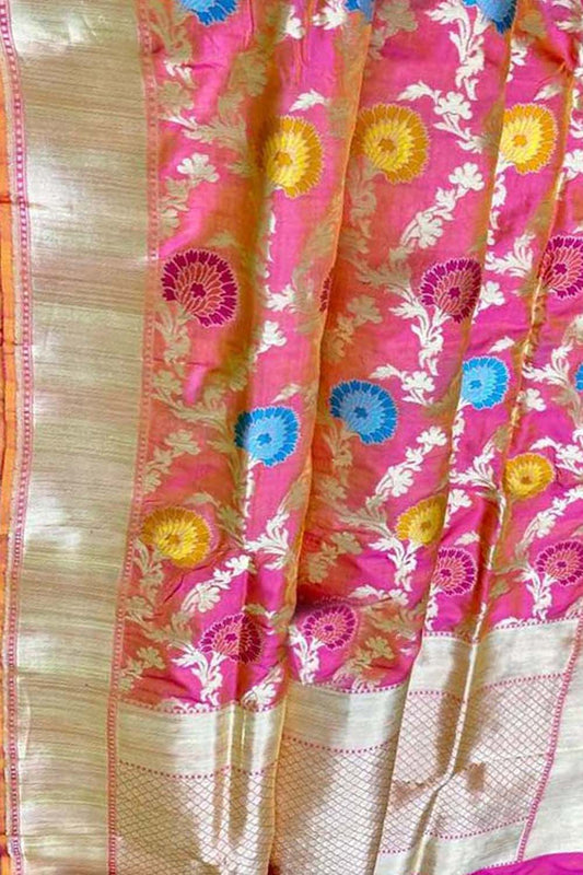 Pink Banarasi Handloom Pure Katan Silk Meenakari Saree - Luxurion World